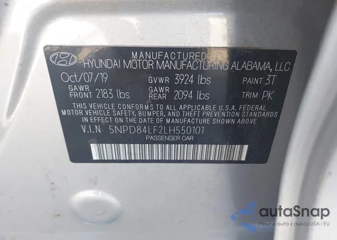 2020 Hyundai Elantra Value Edition z USA, uszkodzony, nr VIN 5NPD84LF2LH550101